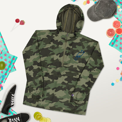 Olive Green Champion jacket with custom blue embroidered details, adjustable hood and front zipper