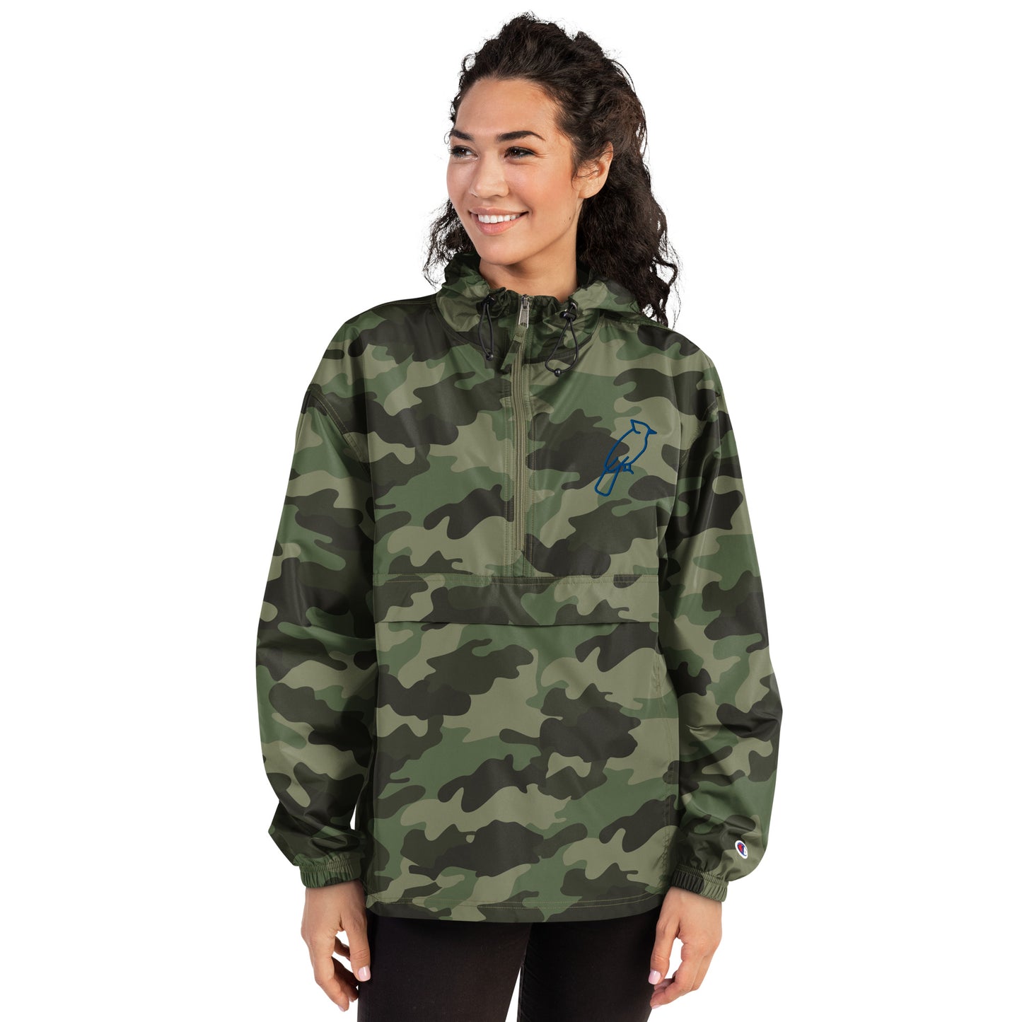 Olive Green Champion jacket with custom blue embroidered details, adjustable hood and front zipper