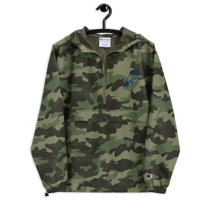 Olive Green Champion jacket with custom blue embroidered details, adjustable hood and front zipper