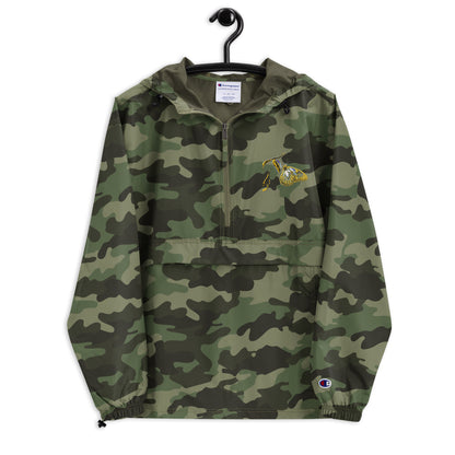 Olive Green champion bomber jacket with gold embroidered details, ribbed collar and vintage styling