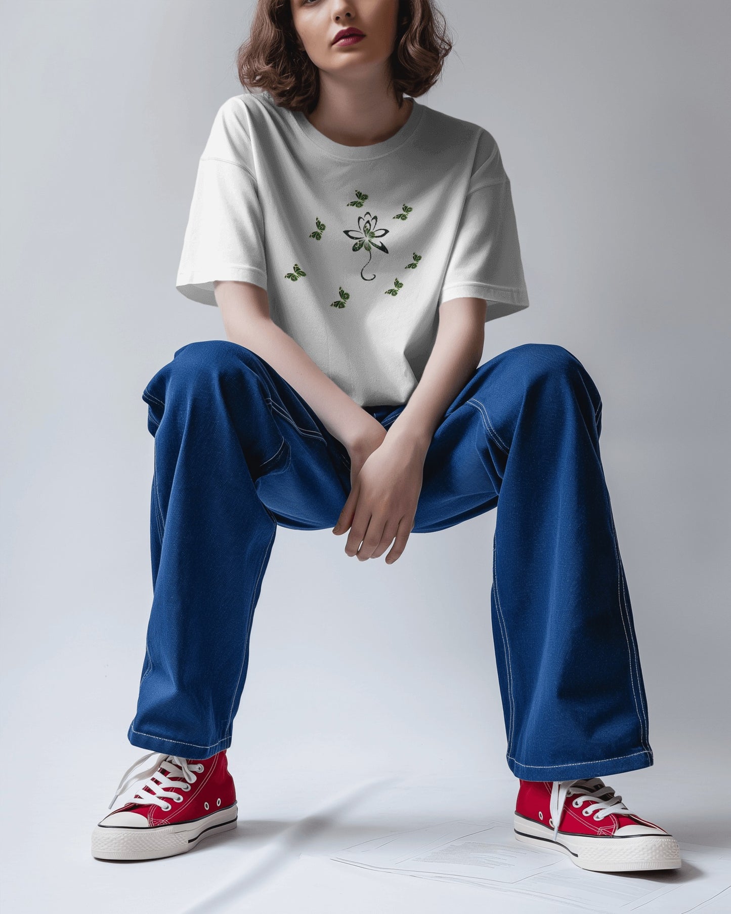Eco-friendly organic cotton White color t-shirt with green environmental design featuring leaf patterns and nature symbols