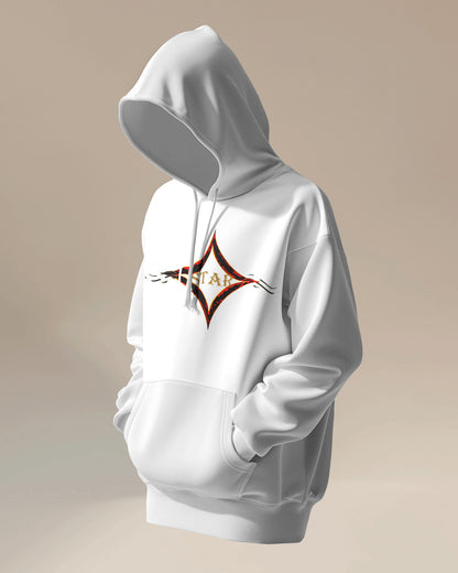 White color hoodie featuring bright star universal decay cosmic design with vibrant supernova colors