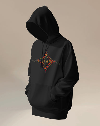 Black color hoodie featuring bright star universal decay cosmic design with vibrant supernova colors