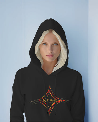 Black color hoodie featuring bright star universal decay cosmic design with vibrant supernova colors