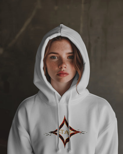 White color hoodie featuring bright star universal decay cosmic design with vibrant supernova colors