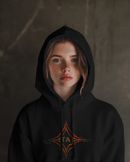 Black color hoodie featuring bright star universal decay cosmic design with vibrant supernova colors