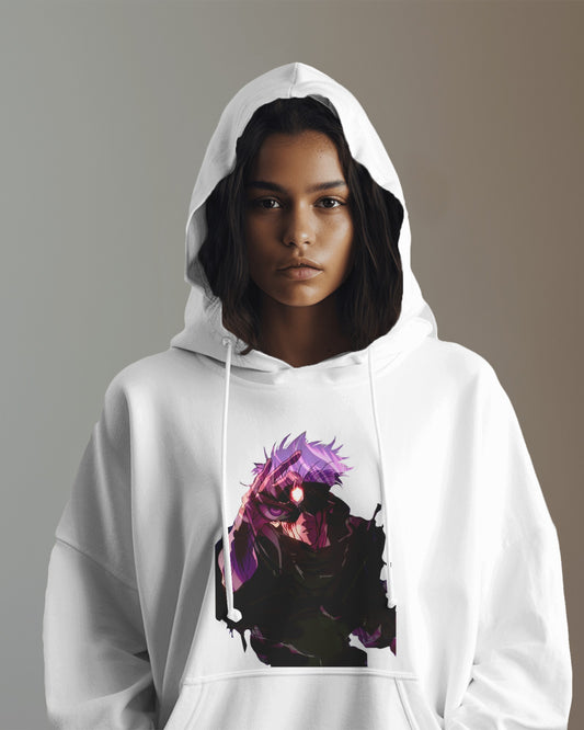 White Color infinity streetwear hoodie featuring minimal urban design, oversized hood and split pocket details