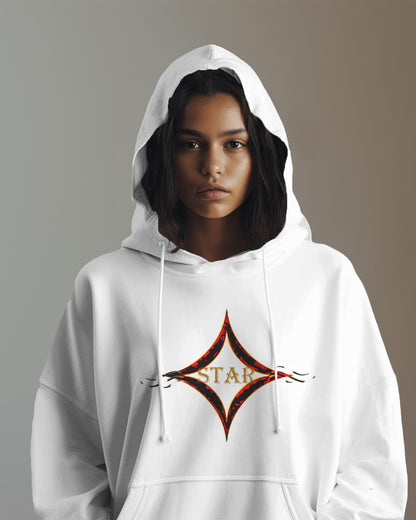 White color hoodie featuring bright star universal decay cosmic design with vibrant supernova colors