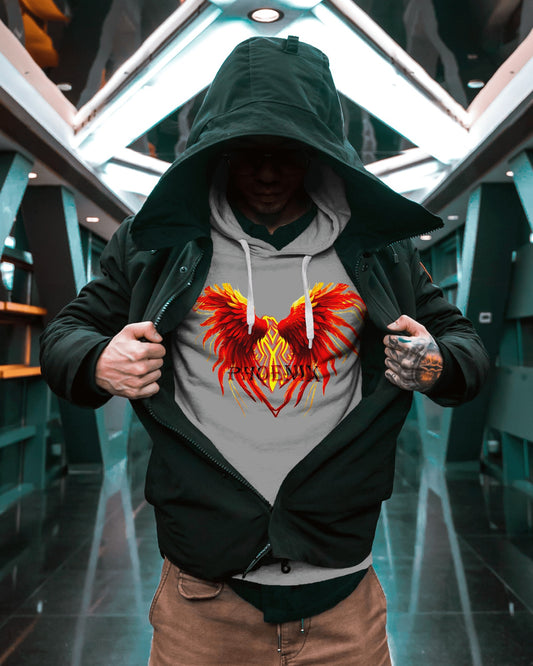 Green hoodie with vibrant red and orange Egyptian phoenix fire bird design on front