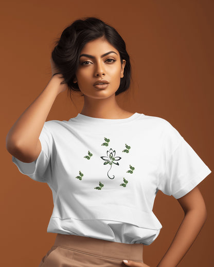 Eco-friendly organic cotton White color t-shirt with green environmental design featuring leaf patterns and nature symbols