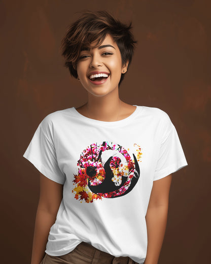 Soft White color t-shirt featuring artistic yin yang symbol created with black and white cats in circular balance