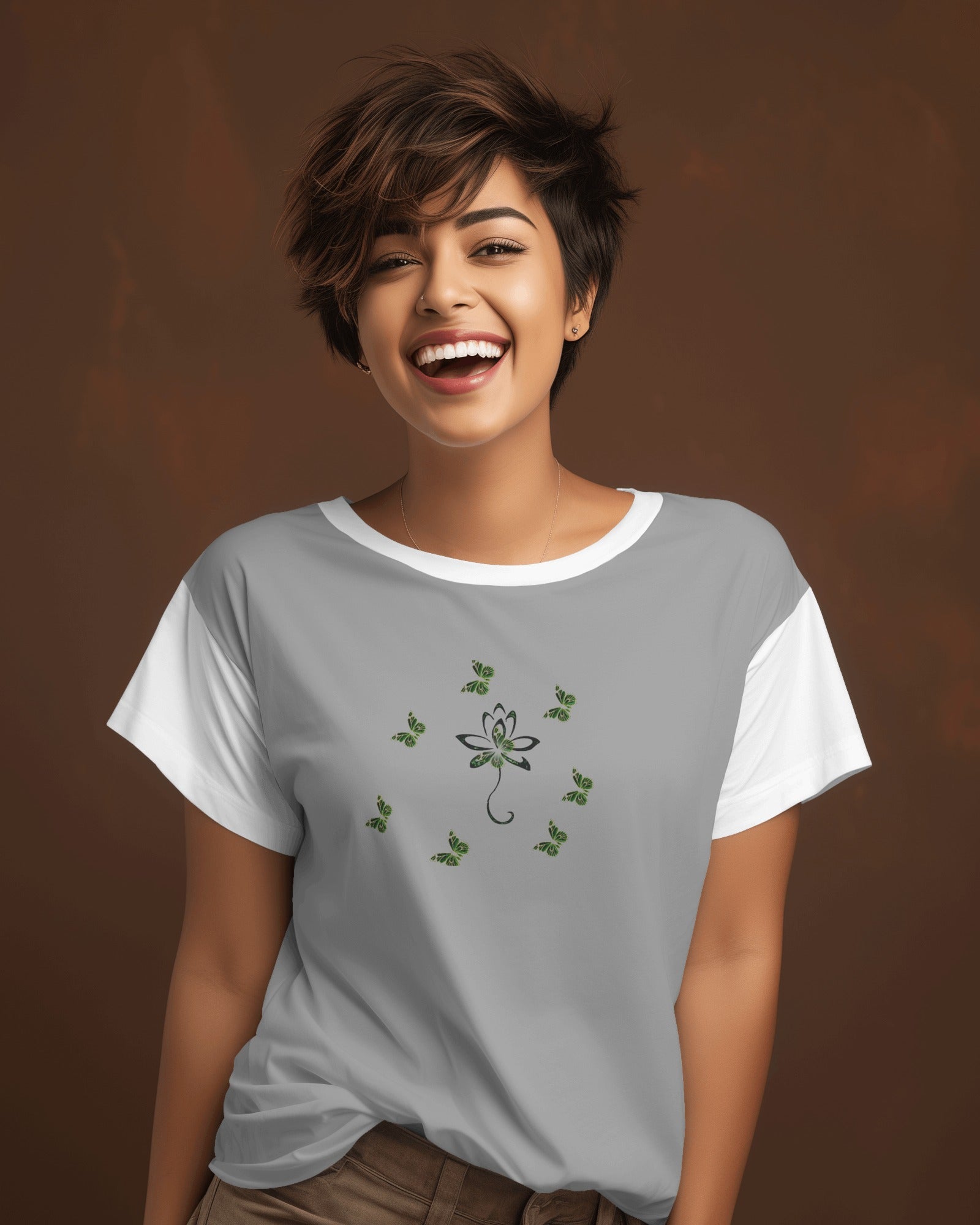 Eco-friendly organic cotton Carbon Grey color t-shirt with green environmental design featuring leaf patterns and nature symbol