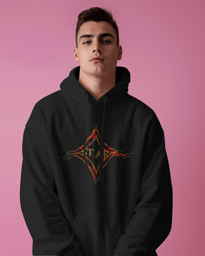 Black color hoodie featuring bright star universal decay cosmic design with vibrant supernova colors