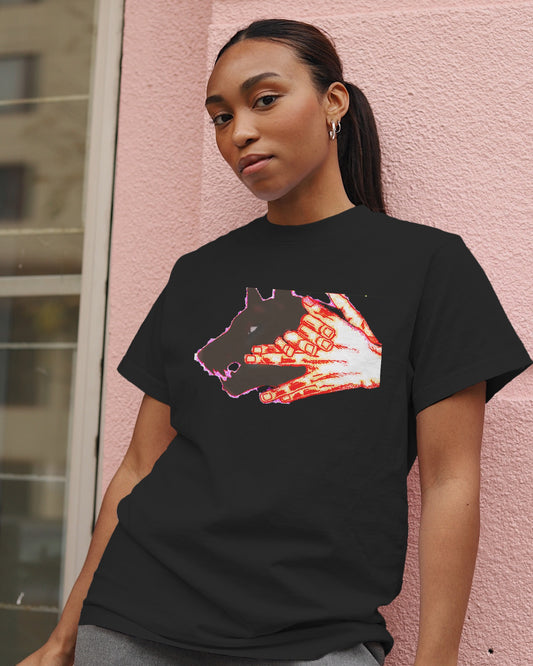 Unisex Black t-shirt with mystical divine dogs artwork featuring sacred geometry and spiritual symbols