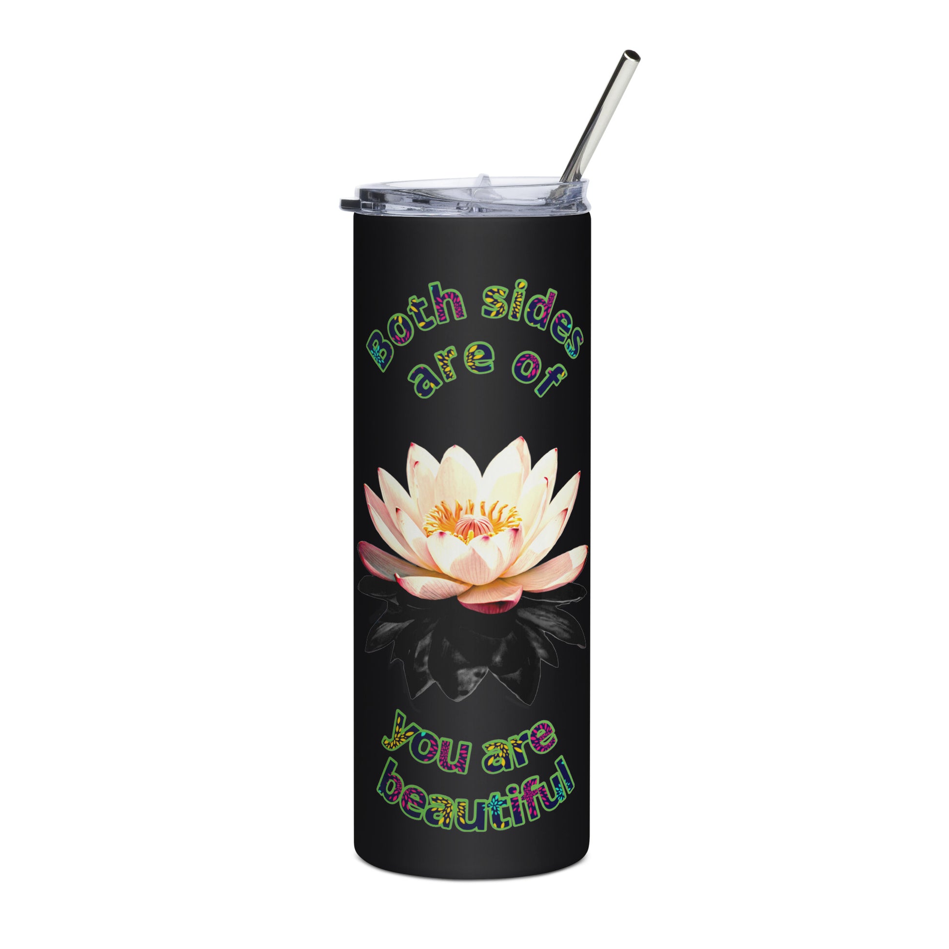 Stainless steel insulated tumbler with yin-yang mental balance design in black finish