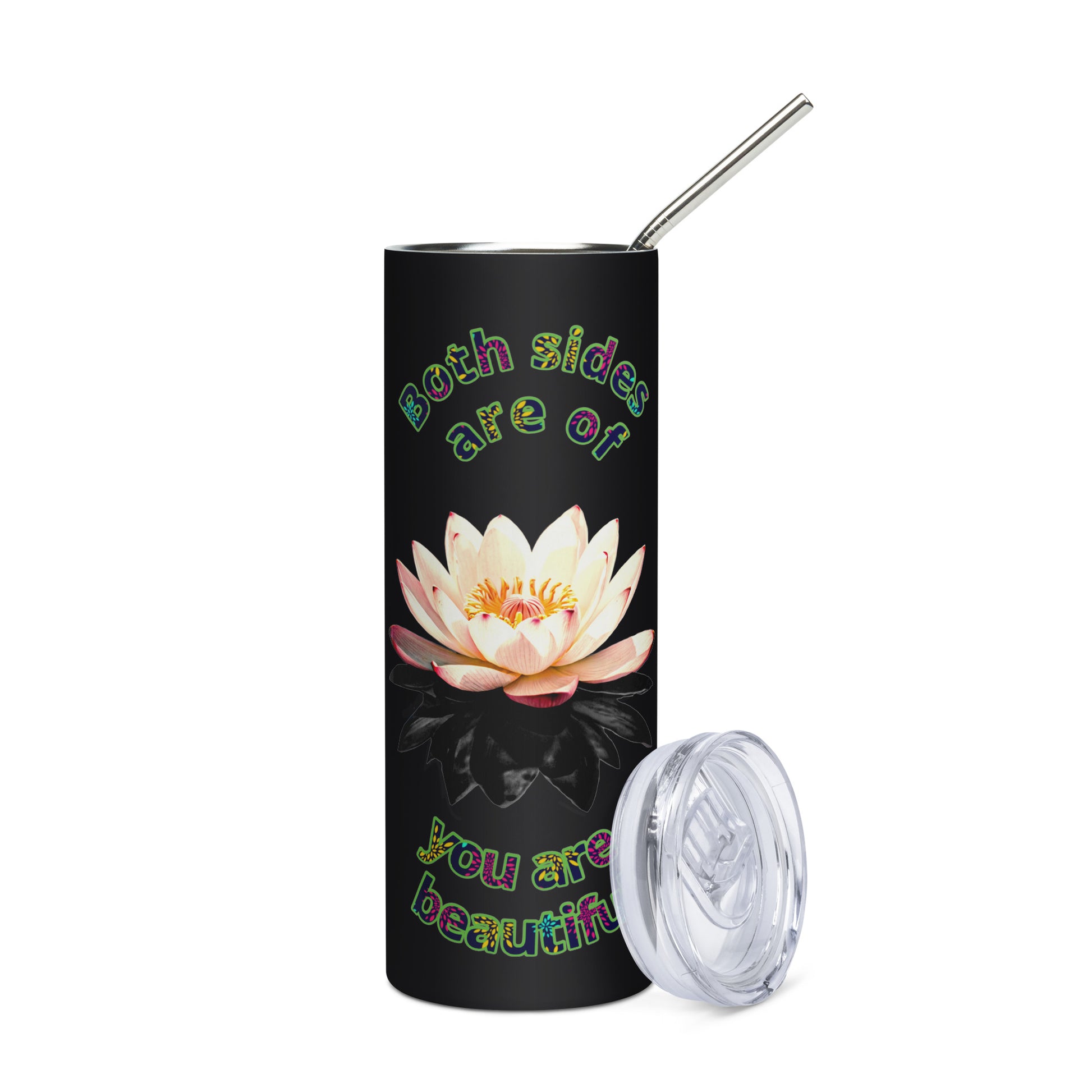 Stainless steel insulated tumbler with yin-yang mental balance design in black finish