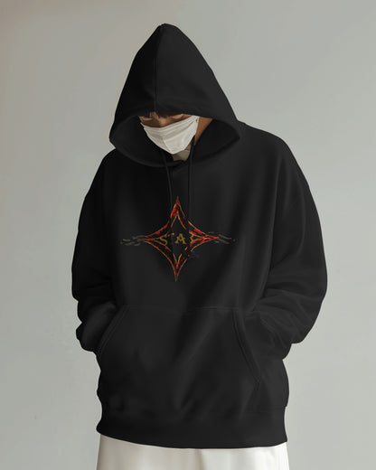 Black color hoodie featuring bright star universal decay cosmic design with vibrant supernova colors
