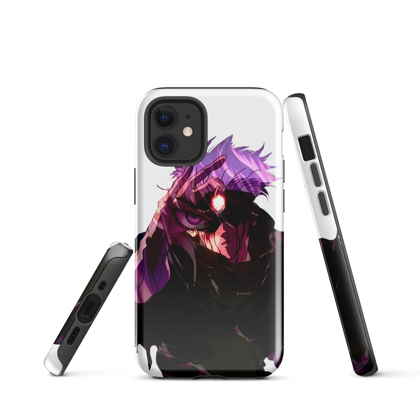 iPhone case featuring Gojo Satoru design with blue Six Eyes and Limitless technique elements from Jujutsu Kaisen