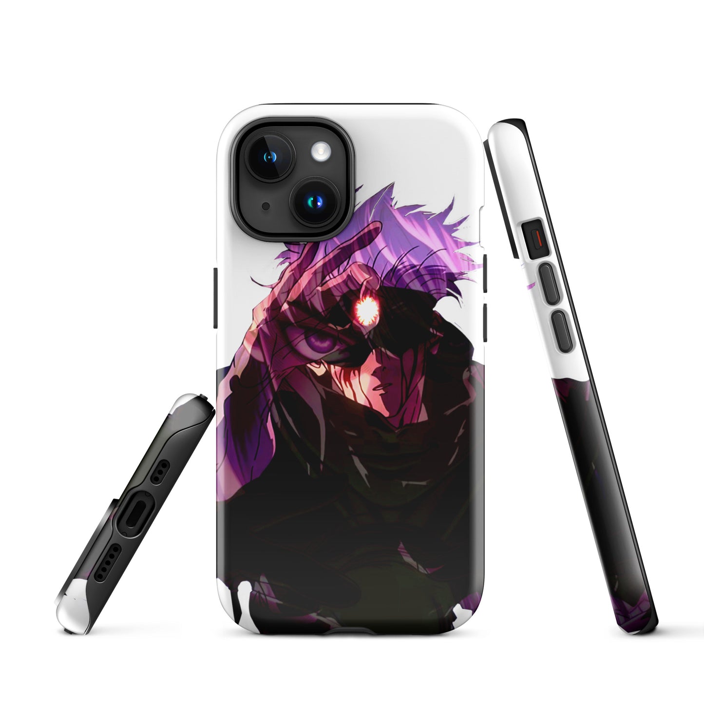 iPhone case featuring Gojo Satoru design with blue Six Eyes and Limitless technique elements from Jujutsu Kaisen