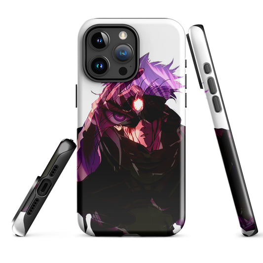iPhone case featuring Gojo Satoru design with blue Six Eyes and Limitless technique elements from Jujutsu Kaisen