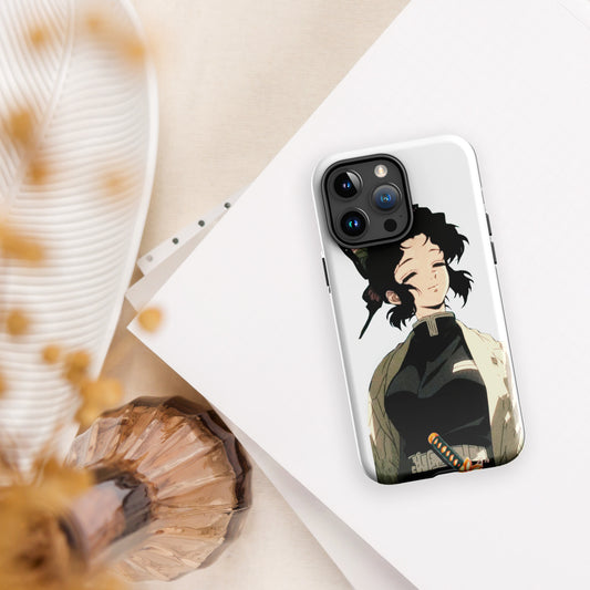 Purple and black iPhone case featuring Insect Hashira Shinobu Kocho from Demon Slayer with butterfly design