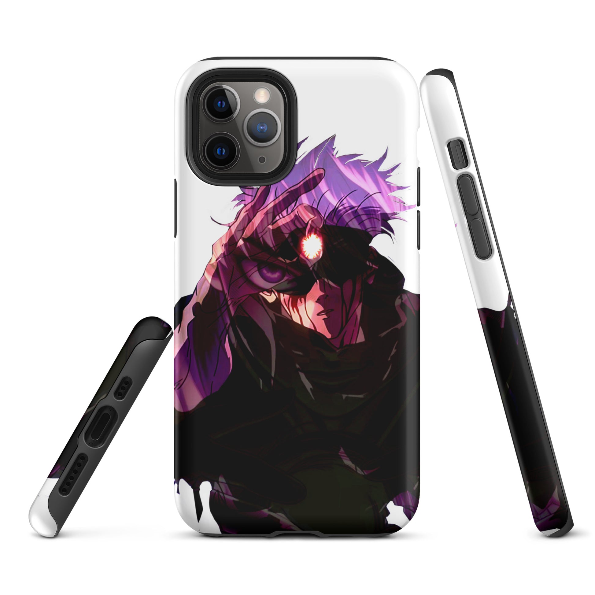 iPhone case featuring Gojo Satoru design with blue Six Eyes and Limitless technique elements from Jujutsu Kaisen