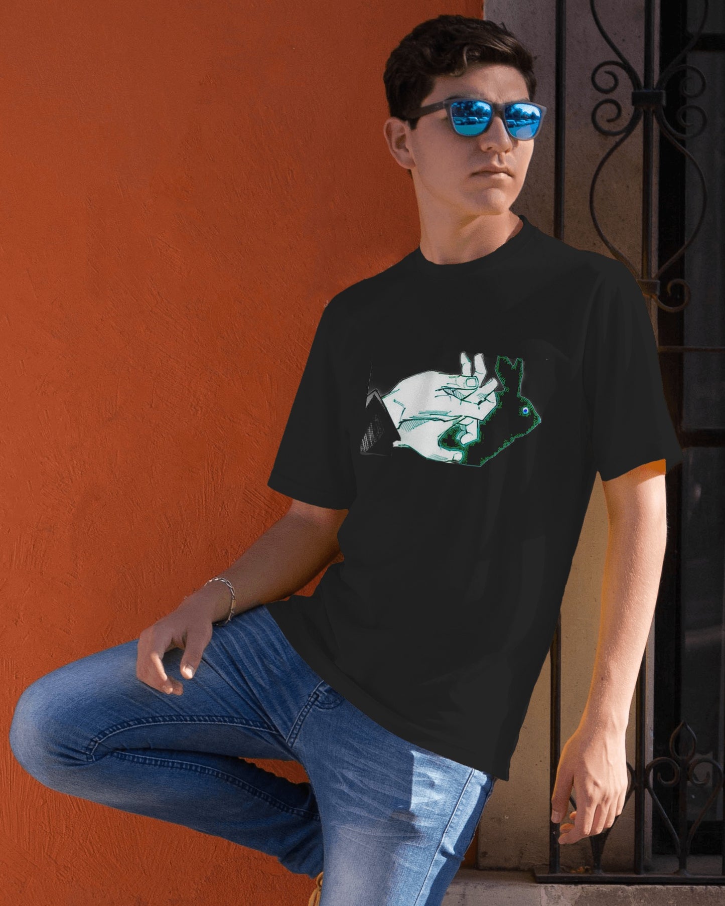 Eco-friendly organic cotton Black color t-shirt with green environmental design featuring leaf patterns and nature symbols