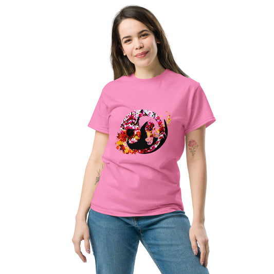 Soft Azalea pink color t-shirt featuring artistic yin yang symbol created with black and white cats in circular balance