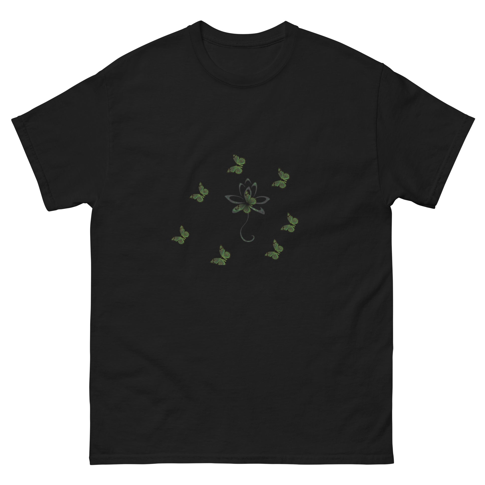 Eco-friendly organic cotton Black color t-shirt with green environmental design featuring leaf patterns and nature symbols