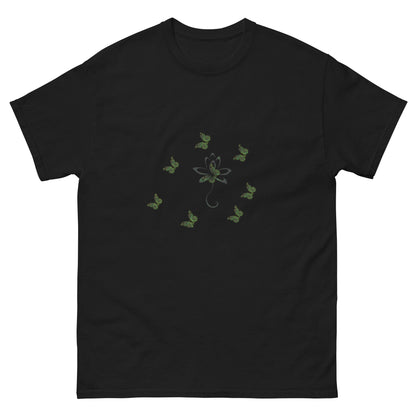 Eco-friendly organic cotton Black color t-shirt with green environmental design featuring leaf patterns and nature symbols