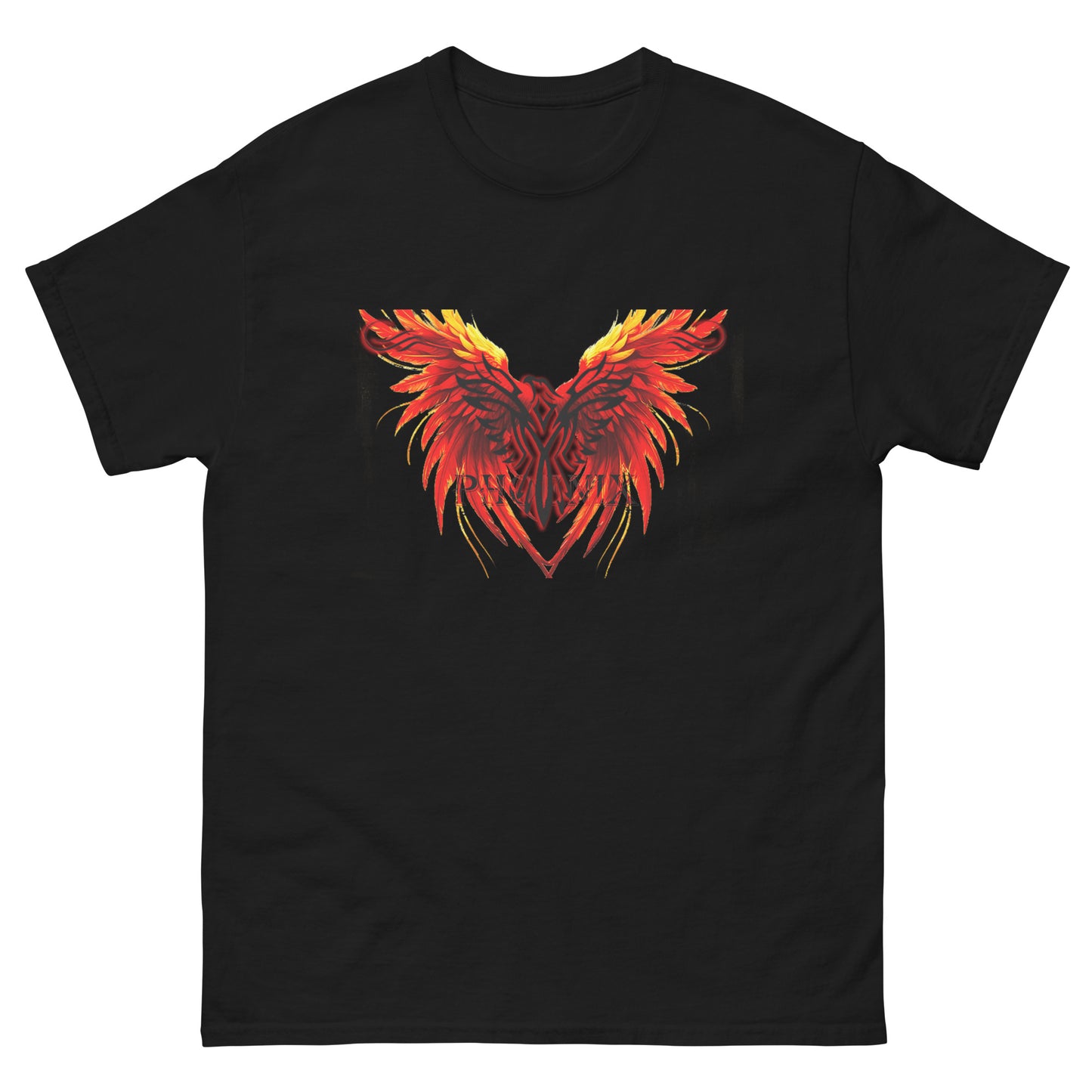 Black Phoenix t-shirt with red fiery immortal bird design on black cotton fabric