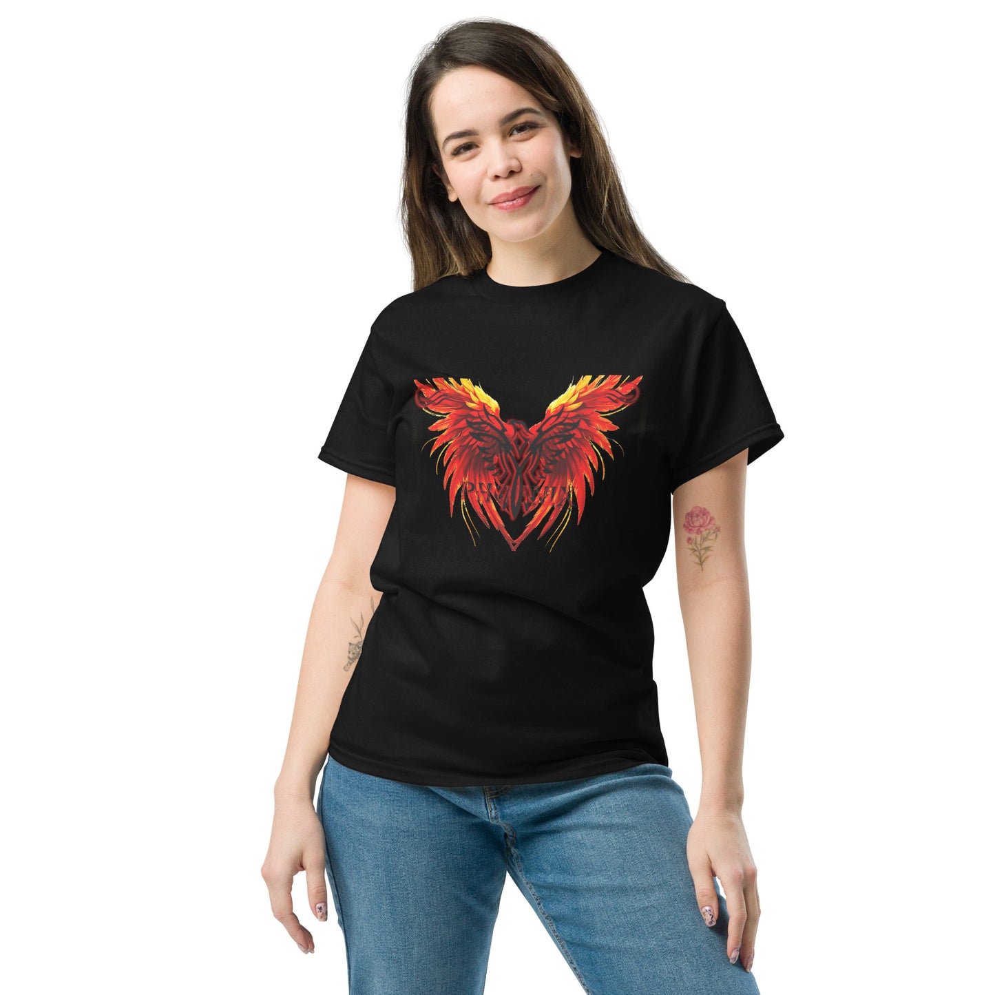 Black Phoenix t-shirt with red fiery immortal bird design on black cotton fabric