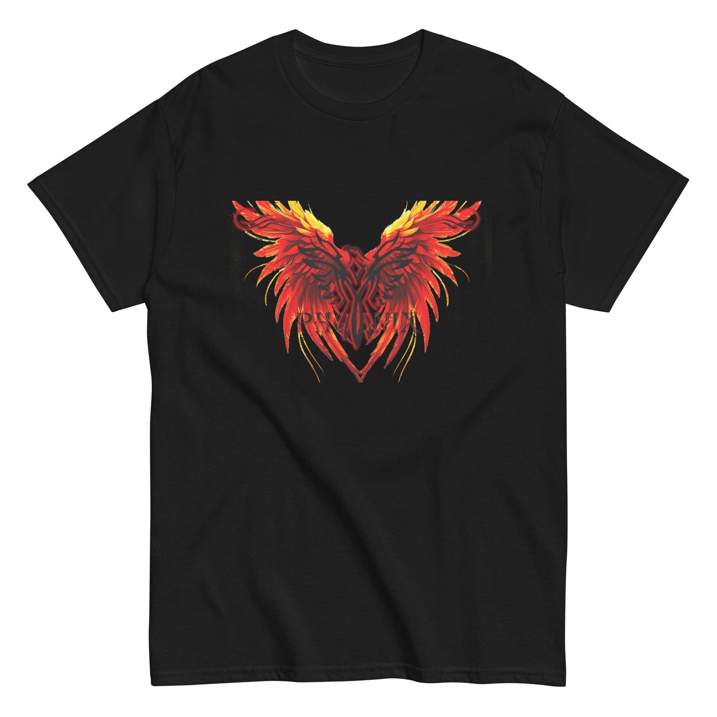 Black Phoenix t-shirt with red fiery immortal bird design on black cotton fabric