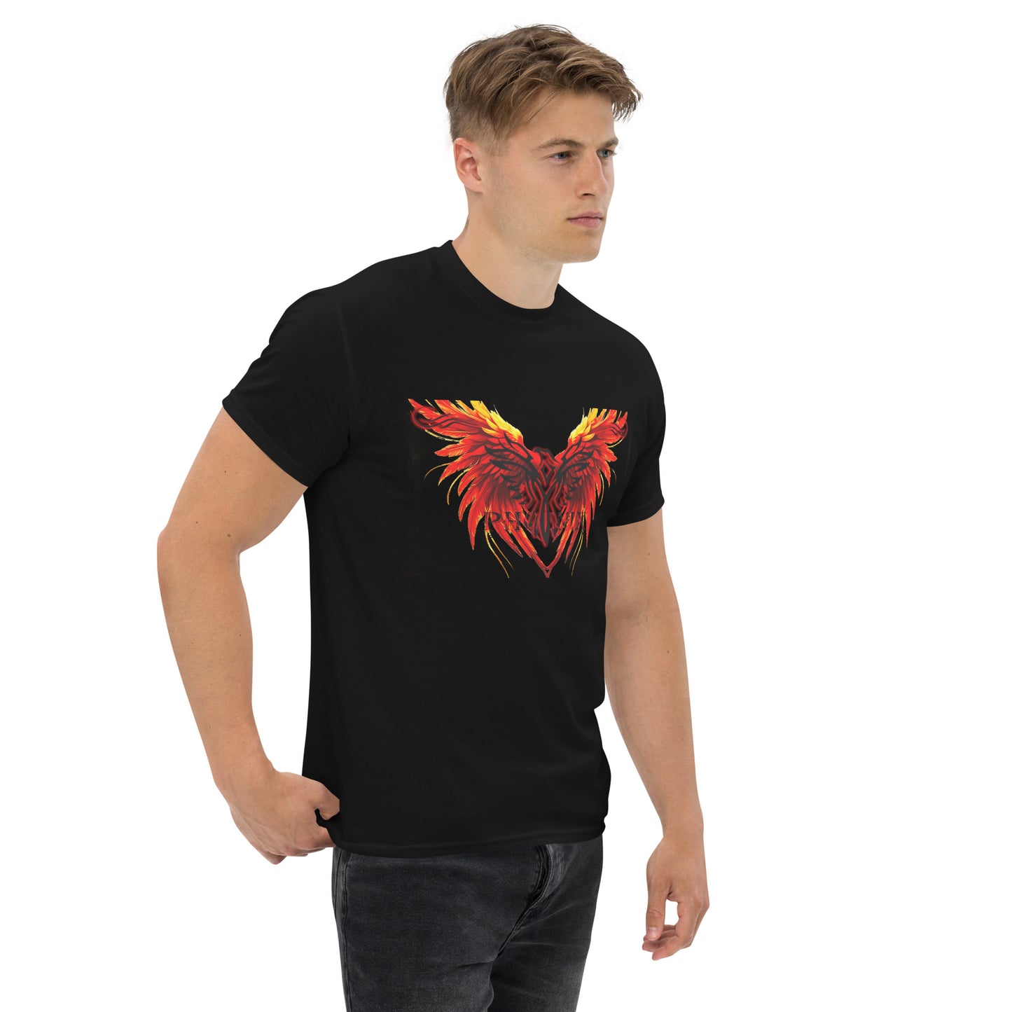 Black Phoenix t-shirt with red fiery immortal bird design on black cotton fabric