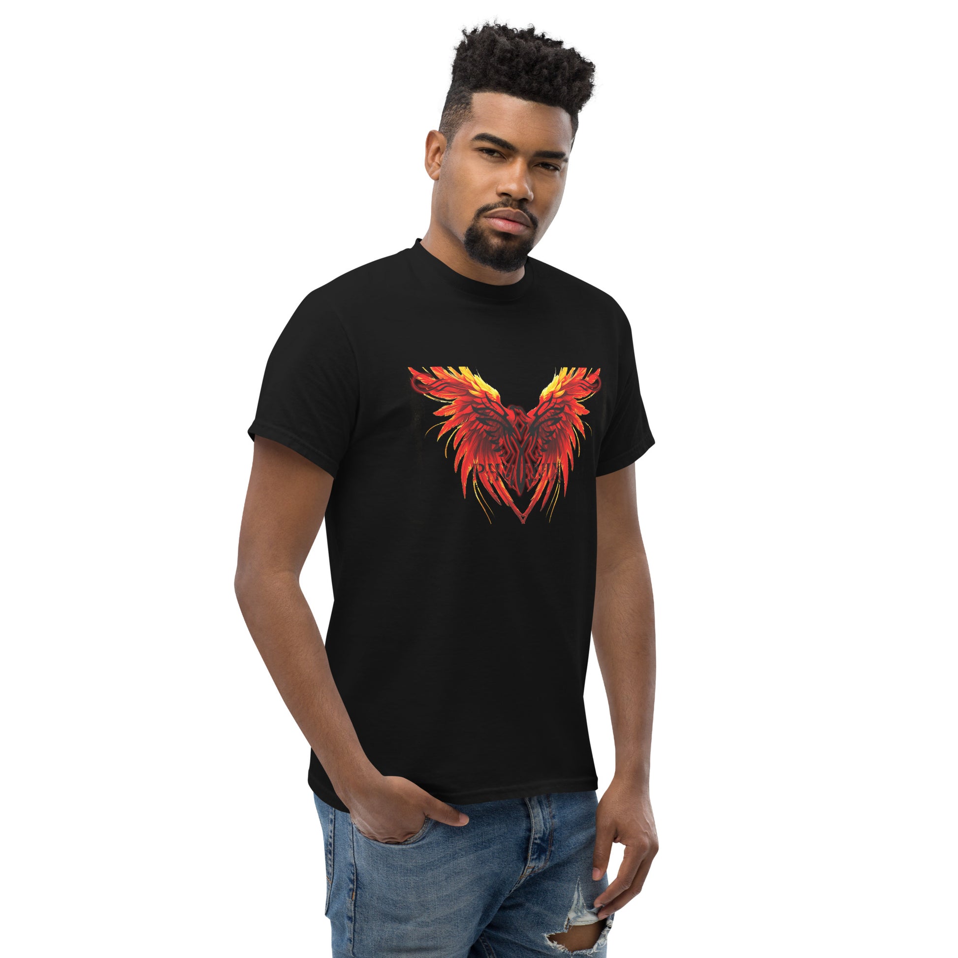 Black Phoenix t-shirt with red fiery immortal bird design on black cotton fabric