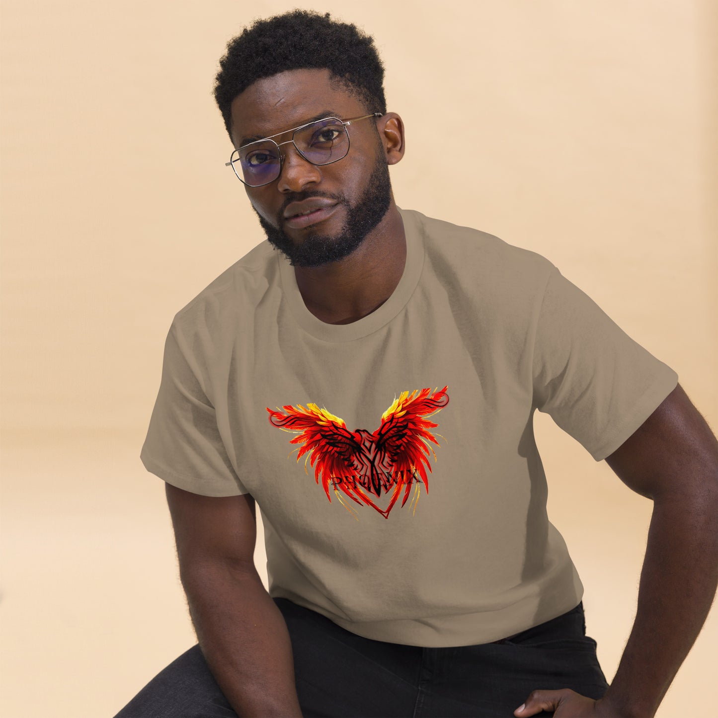 Black Phoenix t-shirt with red fiery immortal bird design on Savana Brown cotton fabric