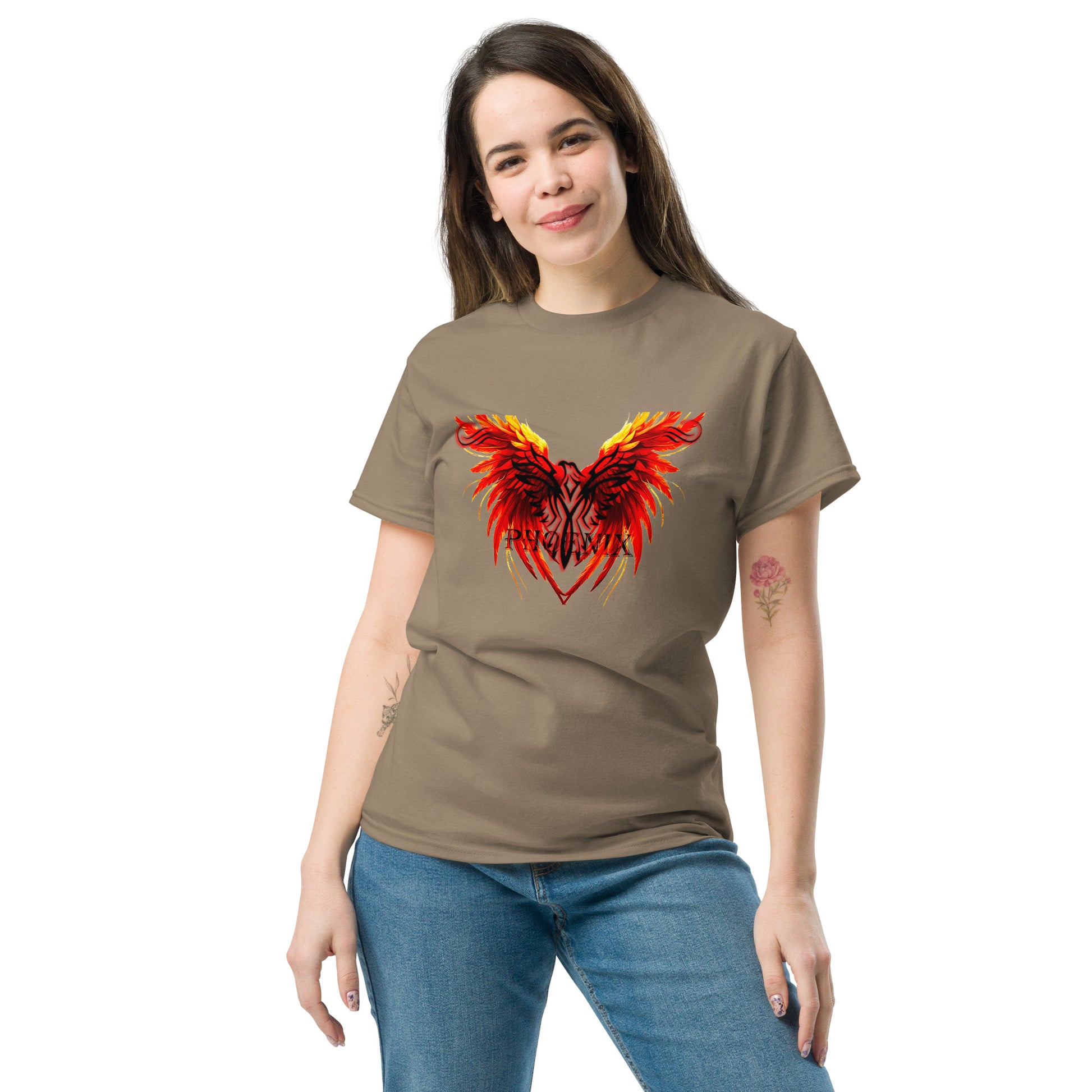 Black Phoenix t-shirt with red fiery immortal bird design on Savana Brown cotton fabric