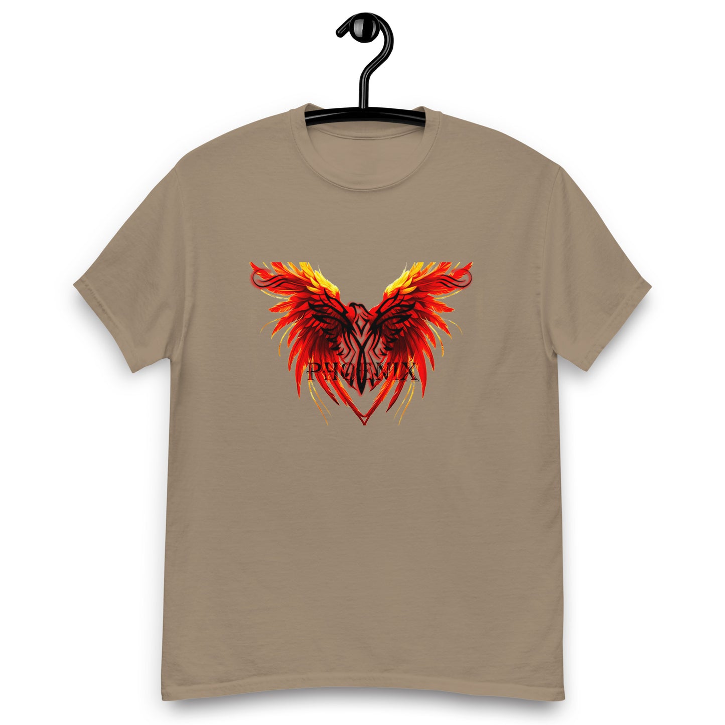 Black Phoenix t-shirt with red fiery immortal bird design on Savana Brown cotton fabric