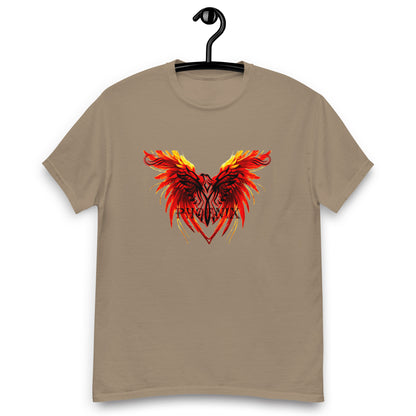 Black Phoenix t-shirt with red fiery immortal bird design on Savana Brown cotton fabric
