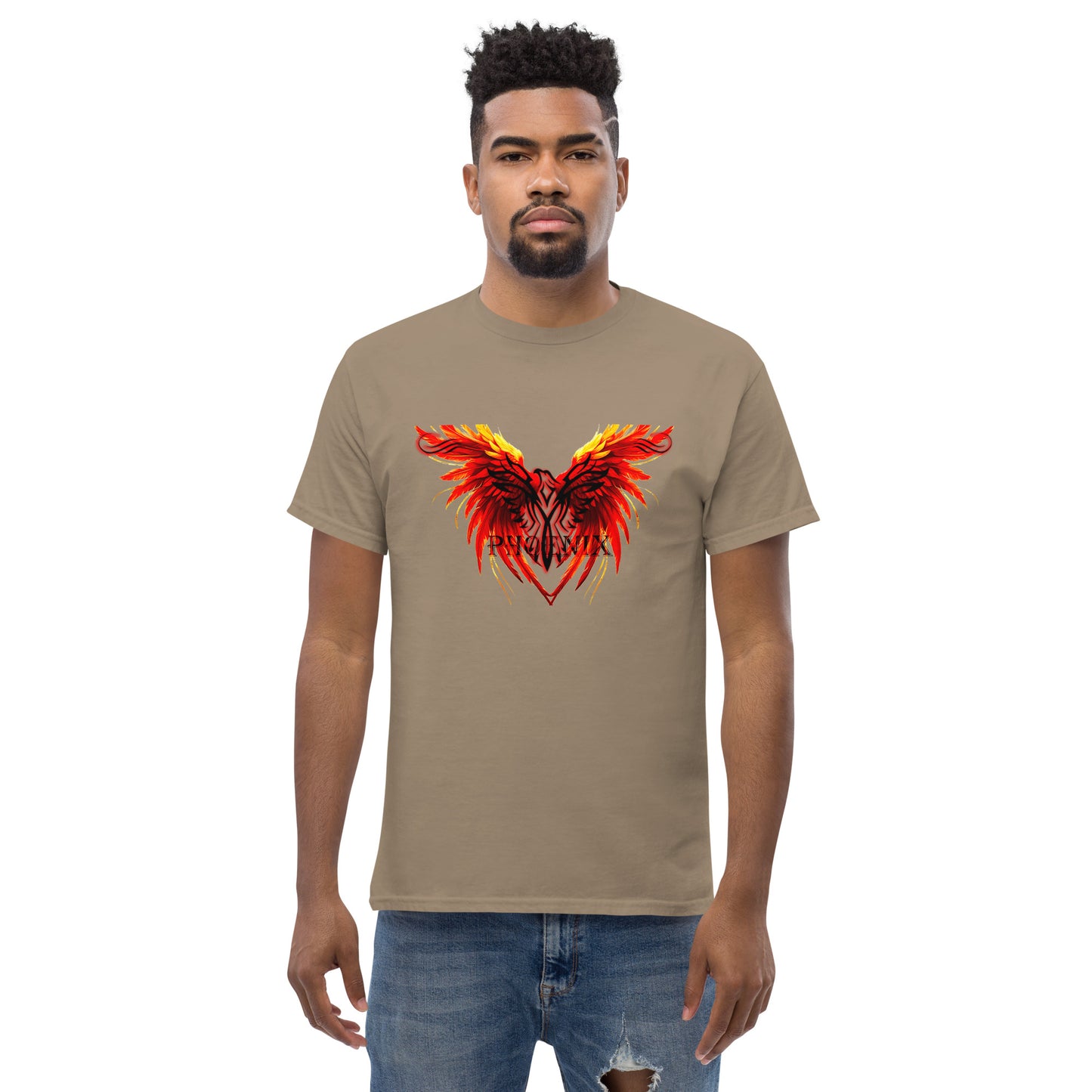 Black Phoenix t-shirt with red fiery immortal bird design on Savana Brown cotton fabric