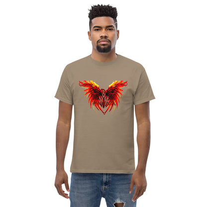 Black Phoenix t-shirt with red fiery immortal bird design on Savana Brown cotton fabric
