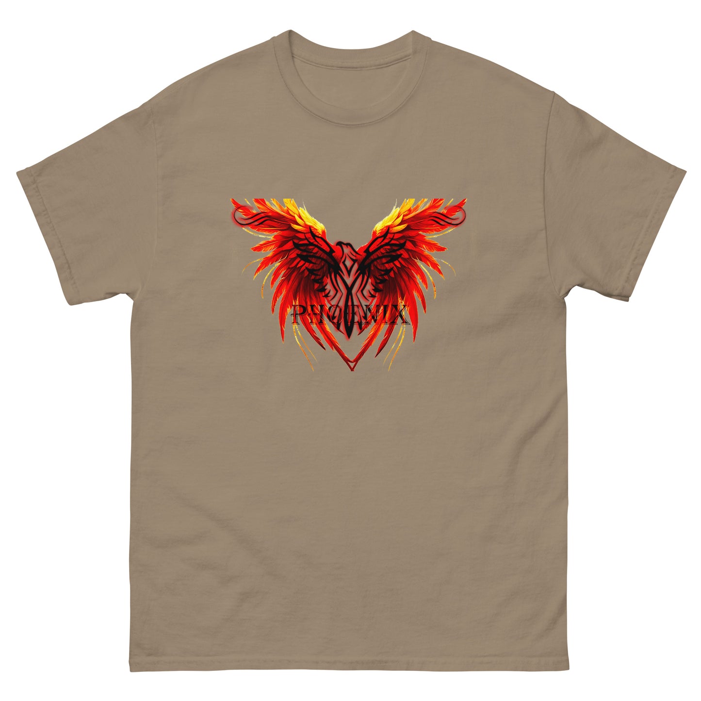 Black Phoenix t-shirt with red fiery immortal bird design on Savana Brown cotton fabric