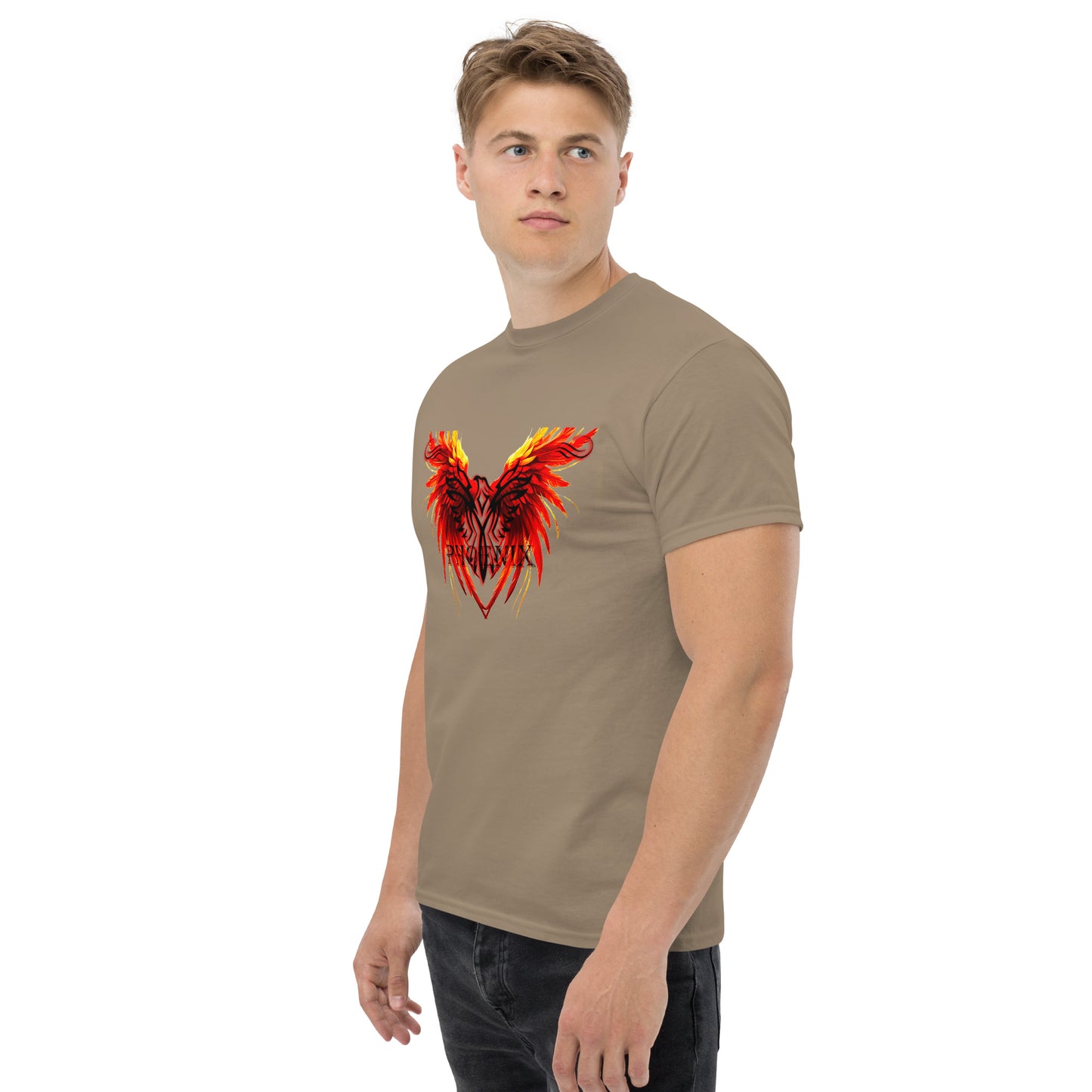 Black Phoenix t-shirt with red fiery immortal bird design on Savana Brown cotton fabric