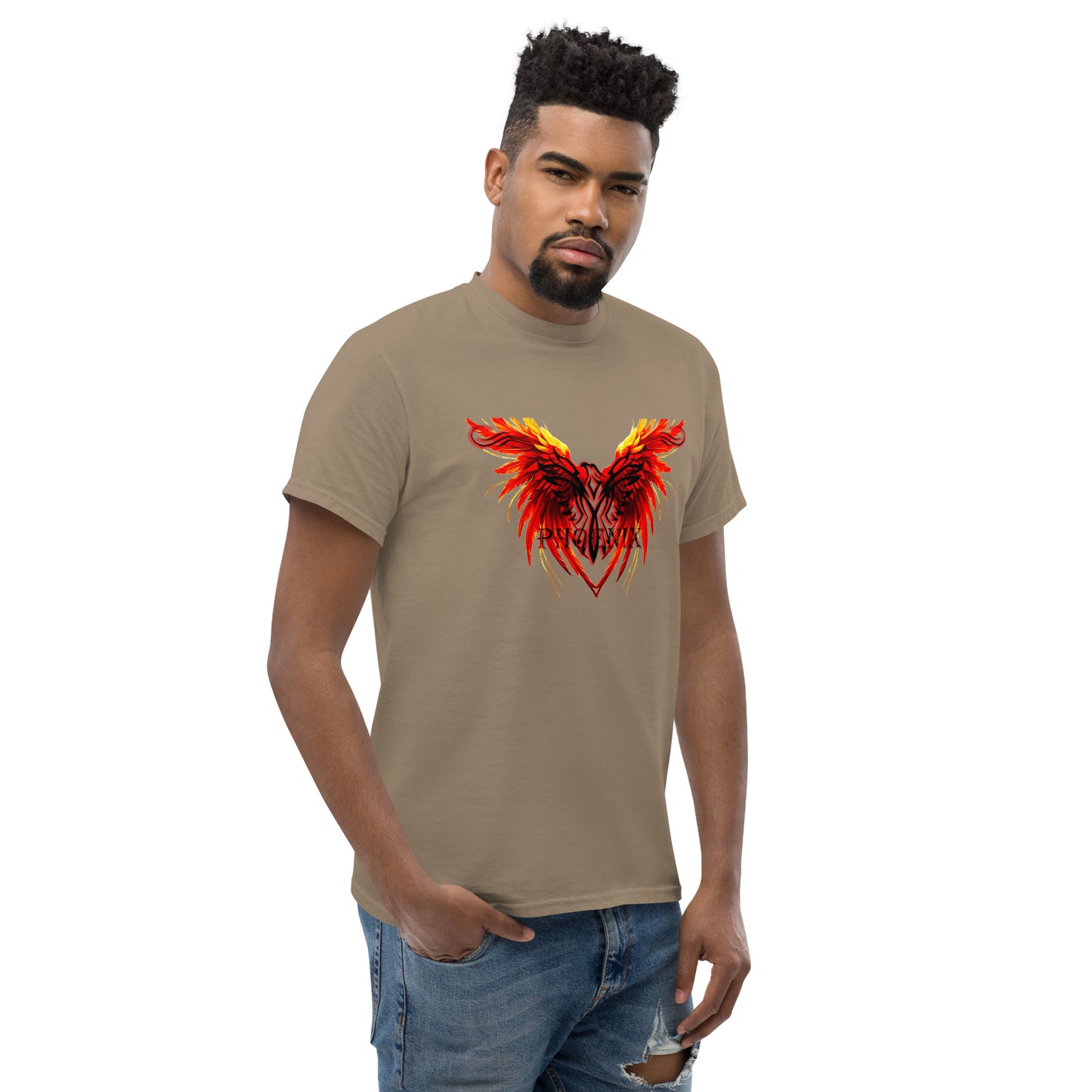 Black Phoenix t-shirt with red fiery immortal bird design on Savana brown cotton fabric