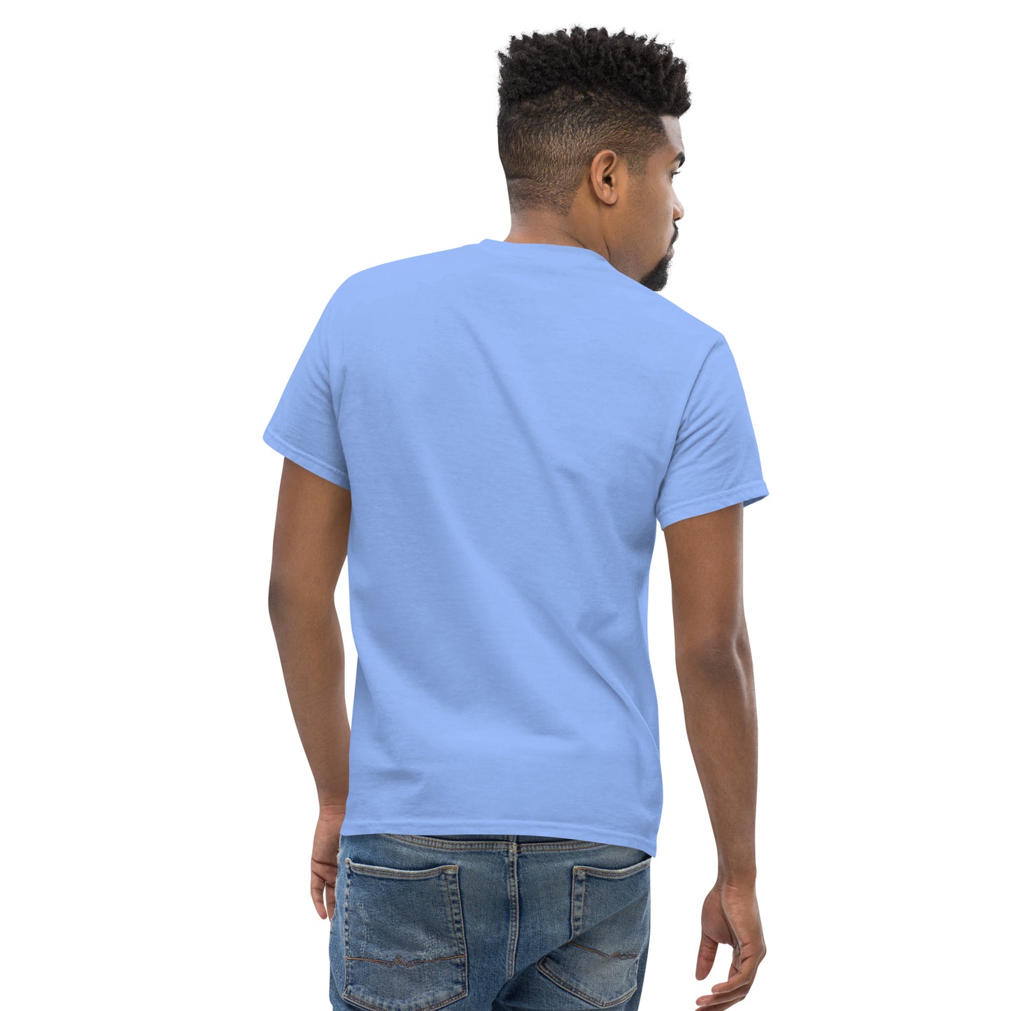 Black Phoenix t-shirt with red fiery immortal bird design on Carolina Blue cotton fabric