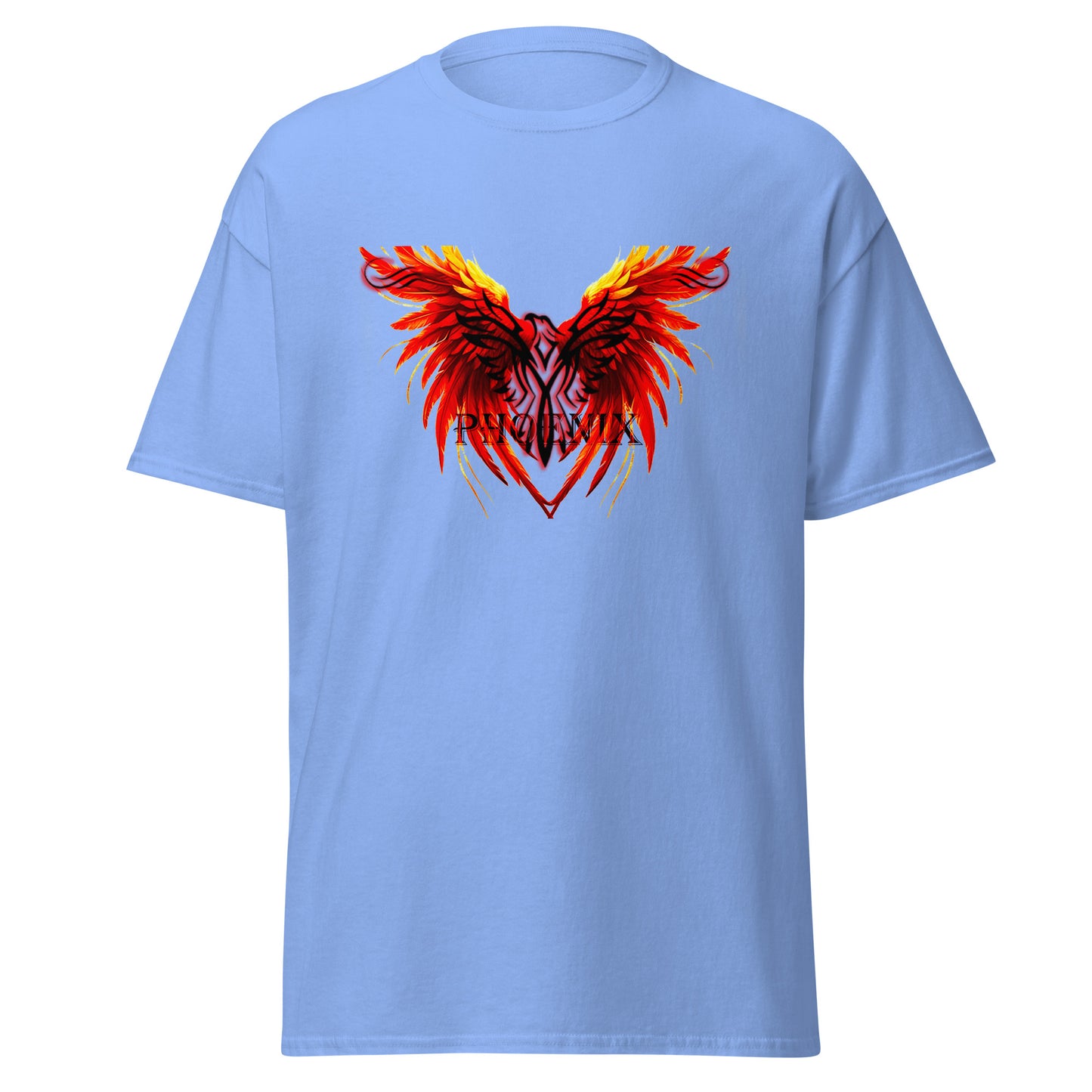 Black Phoenix t-shirt with red fiery immortal bird design on Carolina blue cotton fabric
