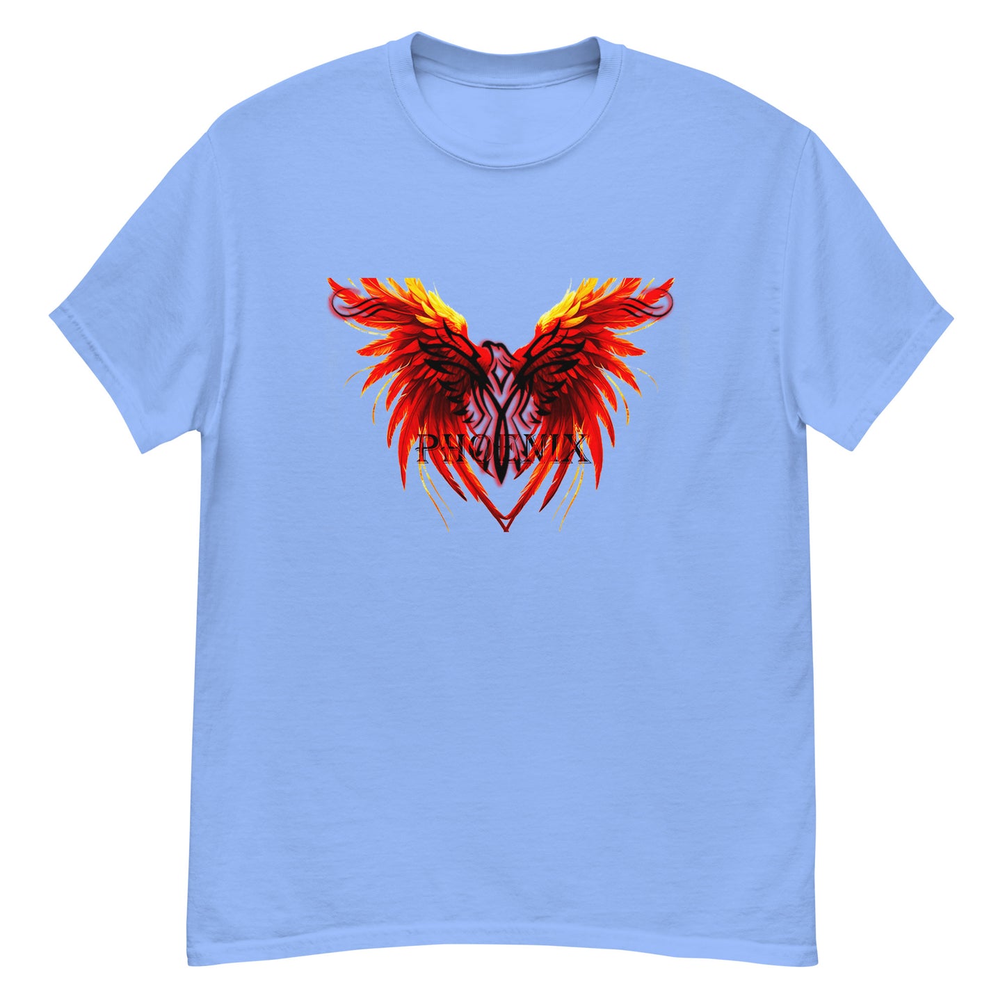 Black Phoenix t-shirt with red fiery immortal bird design on Carolina blue cotton fabric
