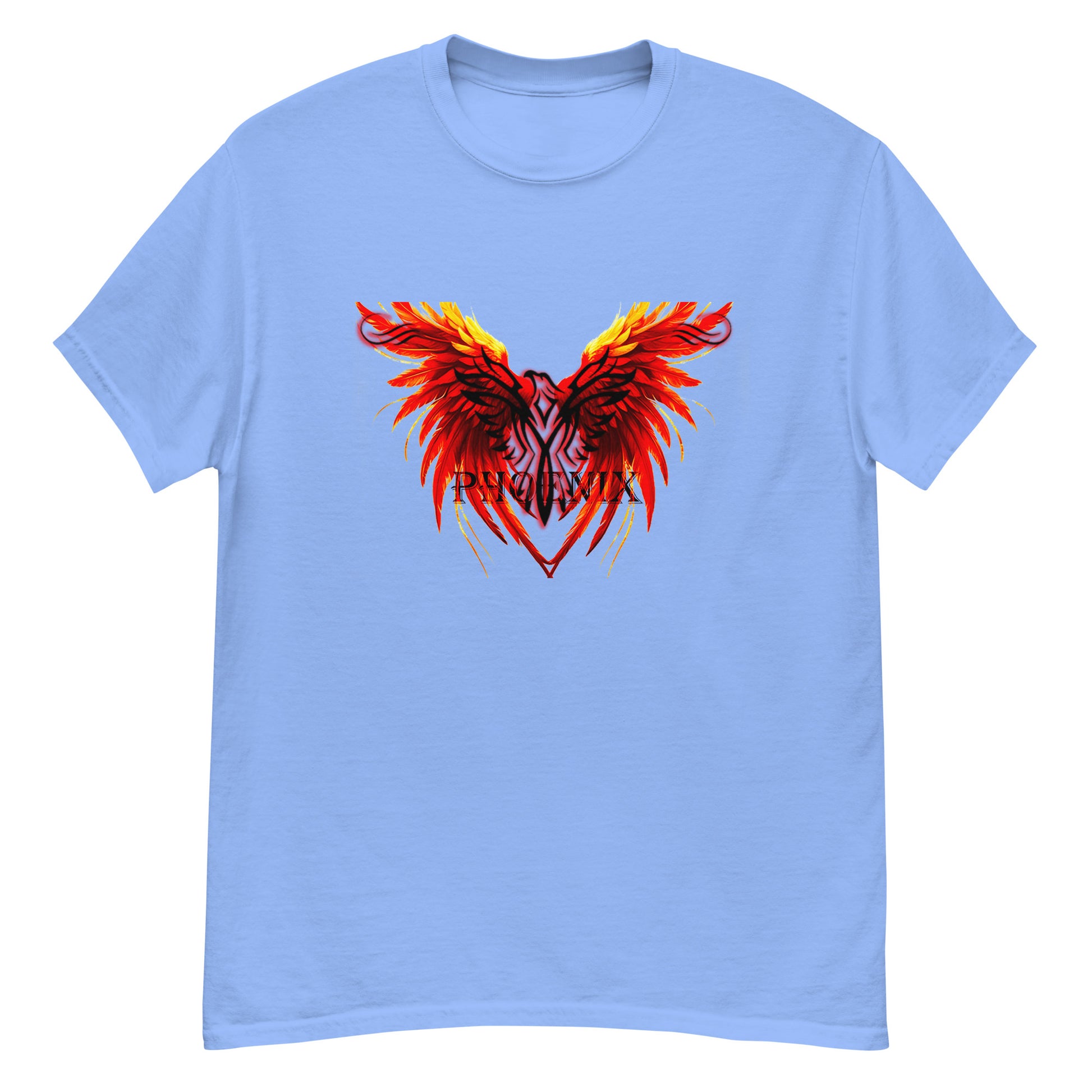 Black Phoenix t-shirt with red fiery immortal bird design on Carolina blue cotton fabric