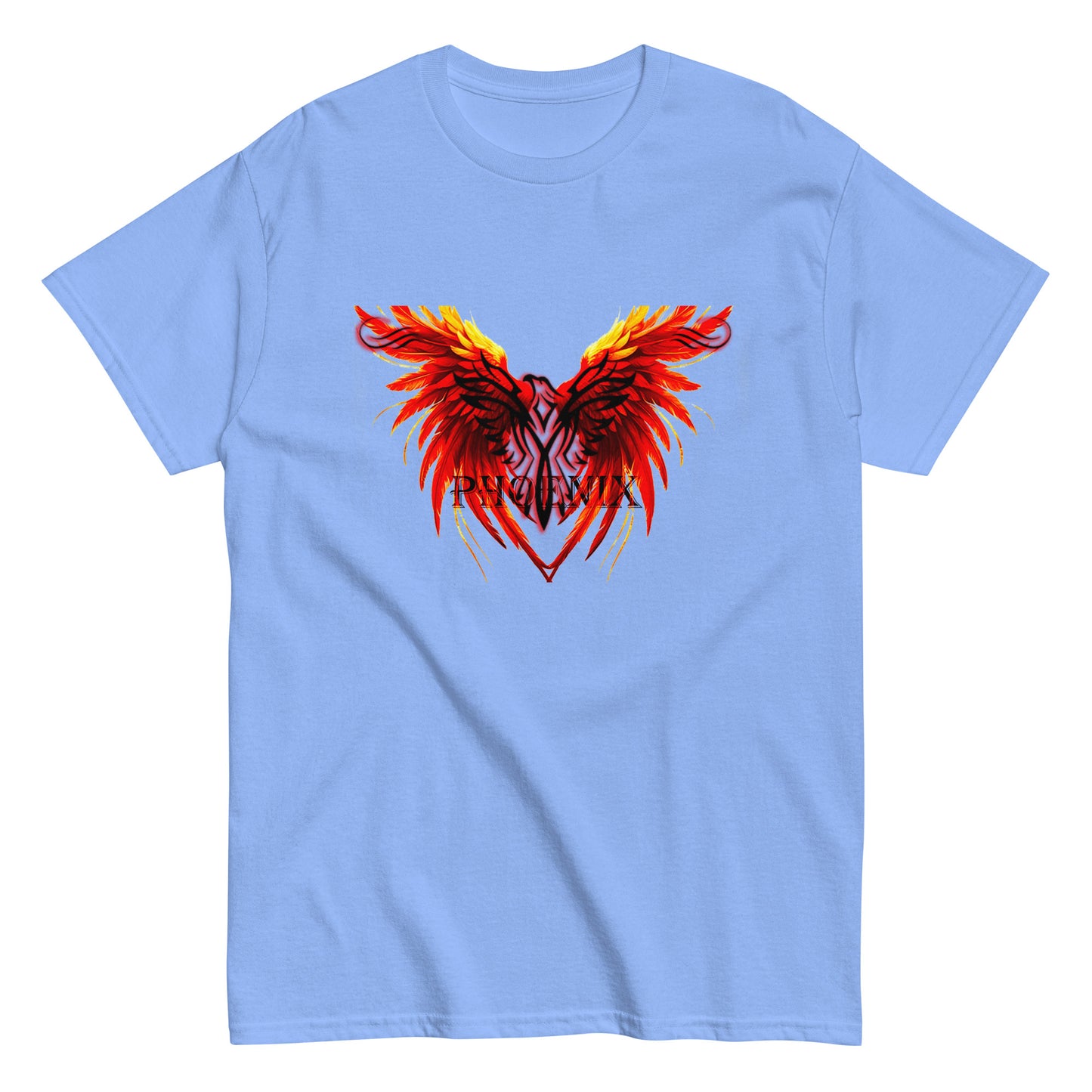 Black Phoenix t-shirt with red fiery immortal bird design on Carolina Blue cotton fabric