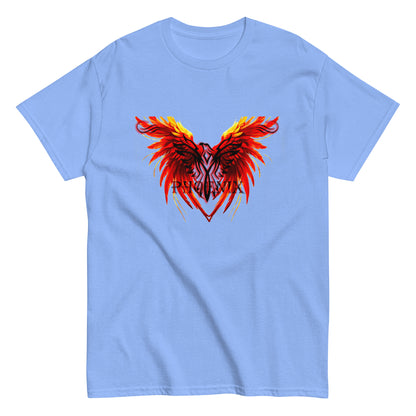 Black Phoenix t-shirt with red fiery immortal bird design on Carolina Blue cotton fabric